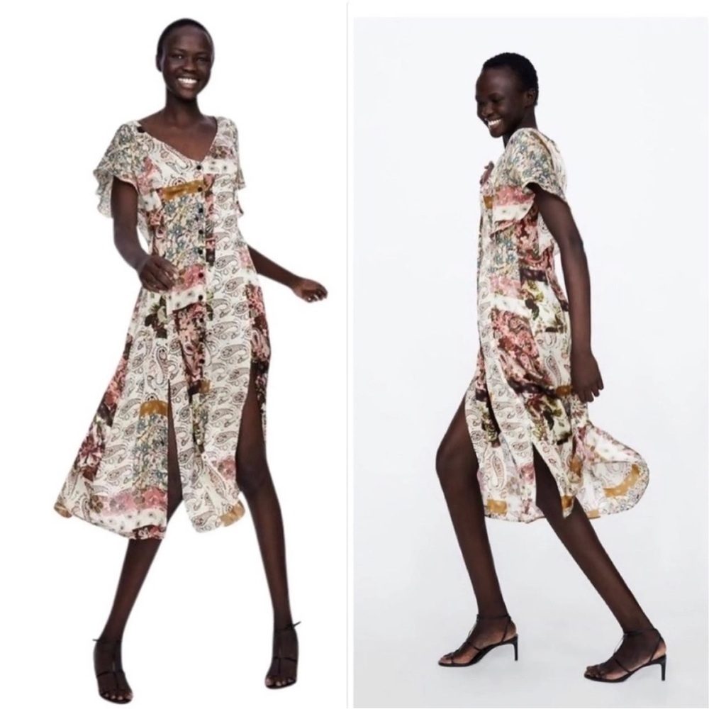 Zara Patchwork Floral Midi Dress - Size Medium